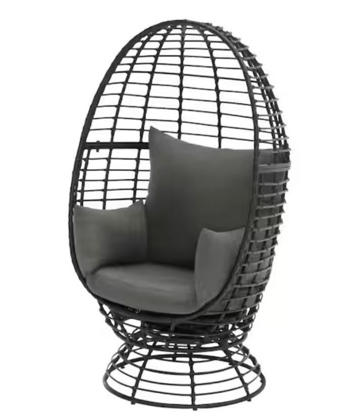 Black Wicker Outdoor Patio Egg Lounge Chair with Gray Cushions
